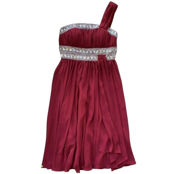 May Queen Couture Beaded Sequined Ruched One Shoulder Dress Maroon Silver Size 4 - Picture 1 of 7